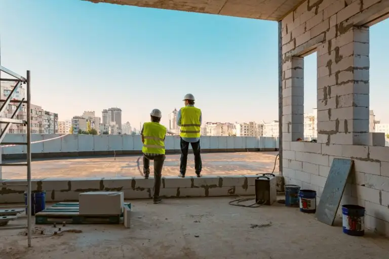 Two construction workers in hard hats and high‑visibility vests stand on a building under construction, with a city skyline in the distance.