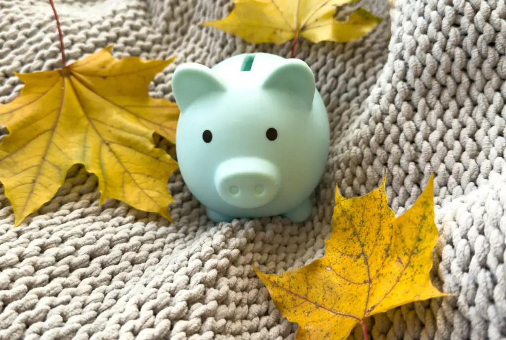 Light blue piggy bank on a gray knitted rug with scattered yellow autumn leaves nearby.