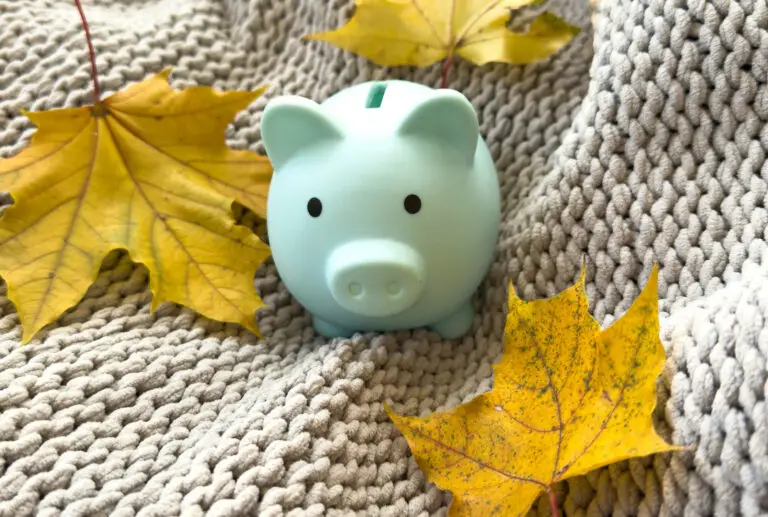 Light blue piggy bank on a gray knitted rug with scattered yellow autumn leaves nearby.